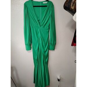 Chicways Emerald Green Pleated V-Neck Maxi Gown Long Sleeve Formal Dress L (36)